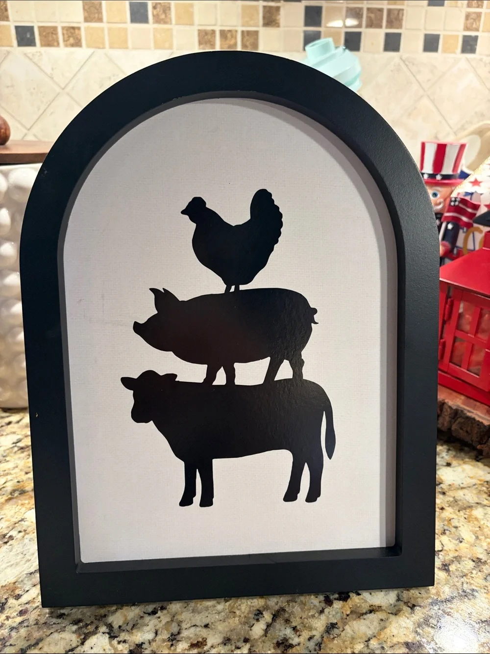 Black Farm Animal Silhouette Arched Wall Art with a Chicken, Pig and Cow.